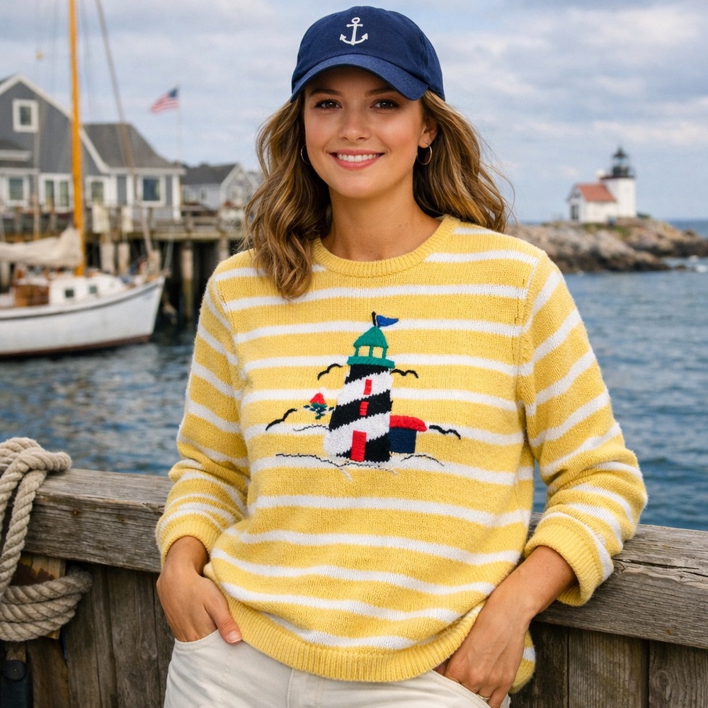 Sag Harbor Sport Yellow Striped Lighthouse Sweater women’s XL